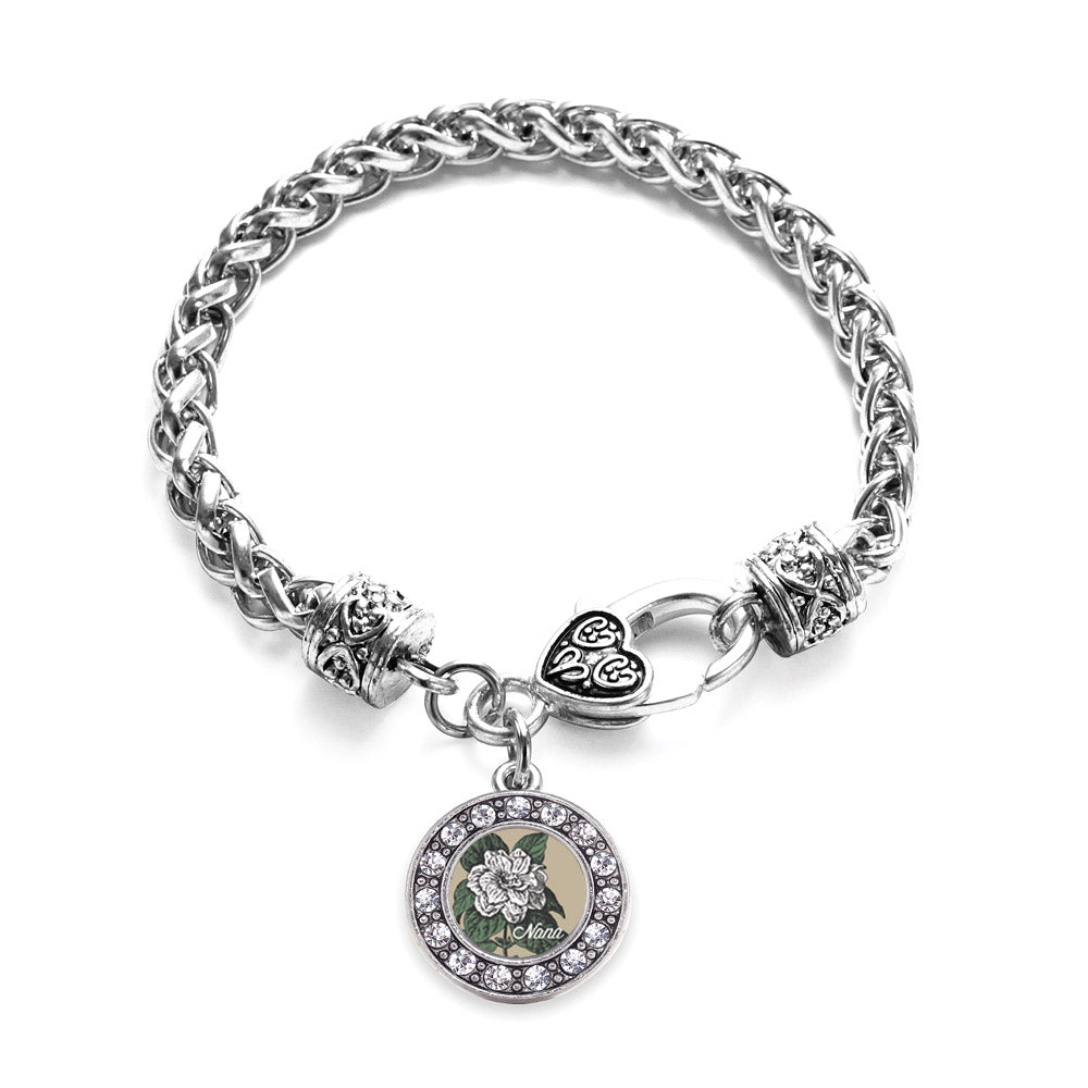 Silver Nana Gardenia Flower Circle Charm Braided Bracelet