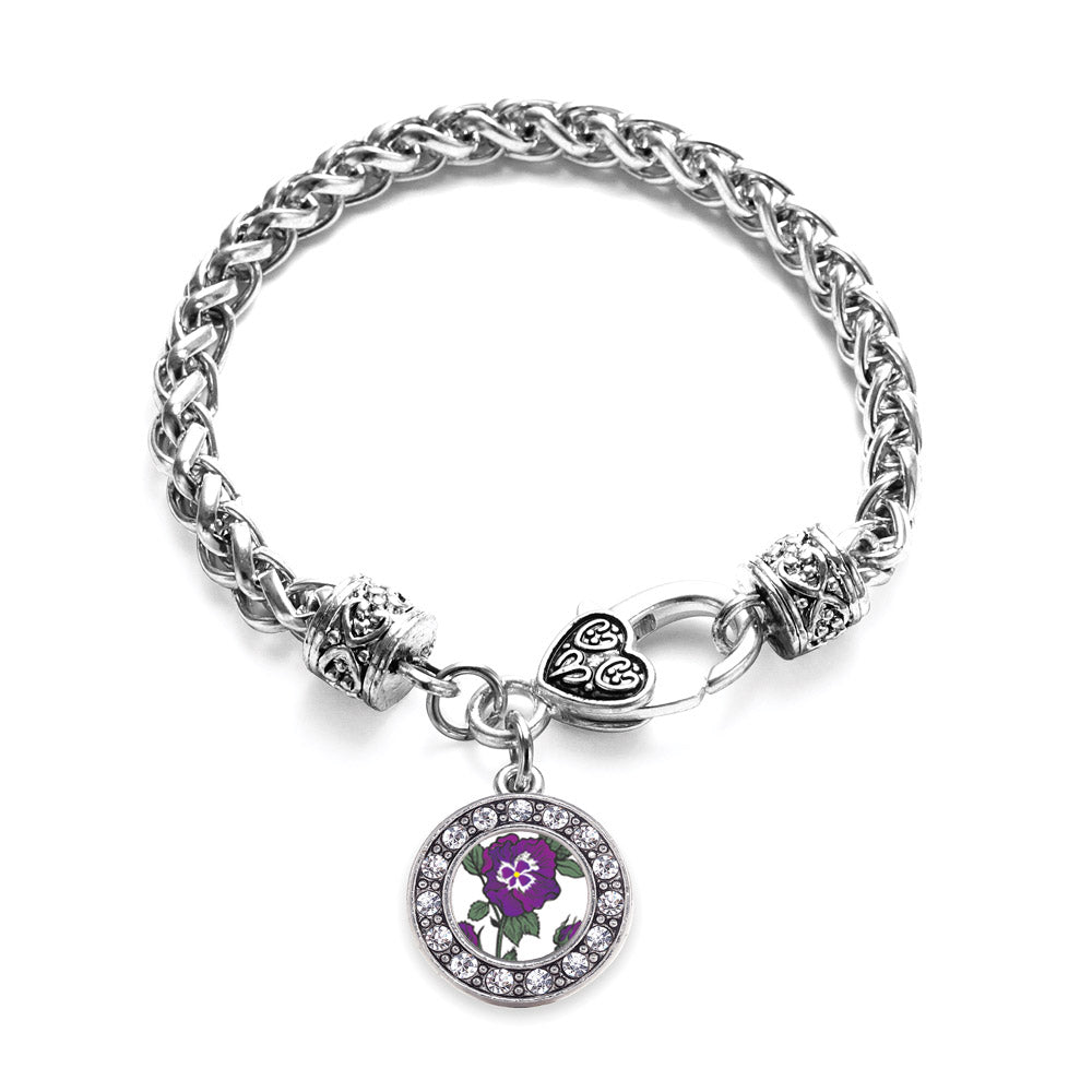 Silver Pansy Flower Circle Charm Braided Bracelet