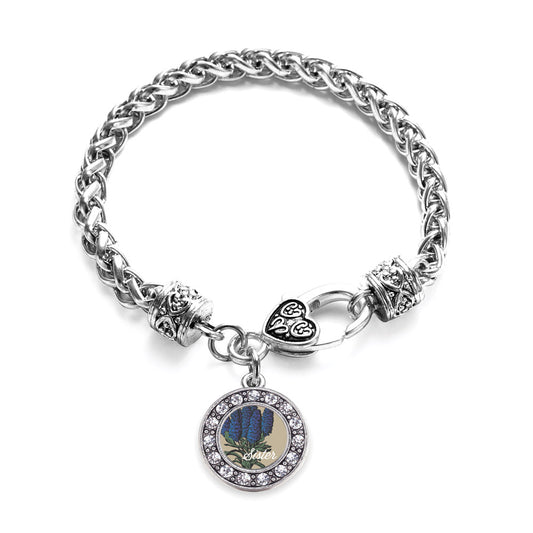 Silver Sister Delphinium Flower Circle Charm Braided Bracelet
