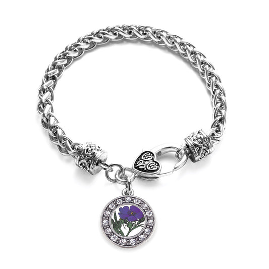 Silver Violet Flower Circle Charm Braided Bracelet