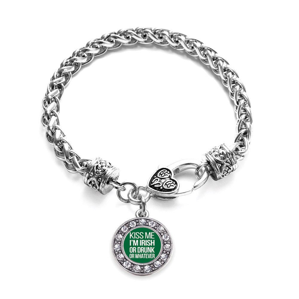 Silver Kiss Me I'm Drunk Circle Charm Braided Bracelet