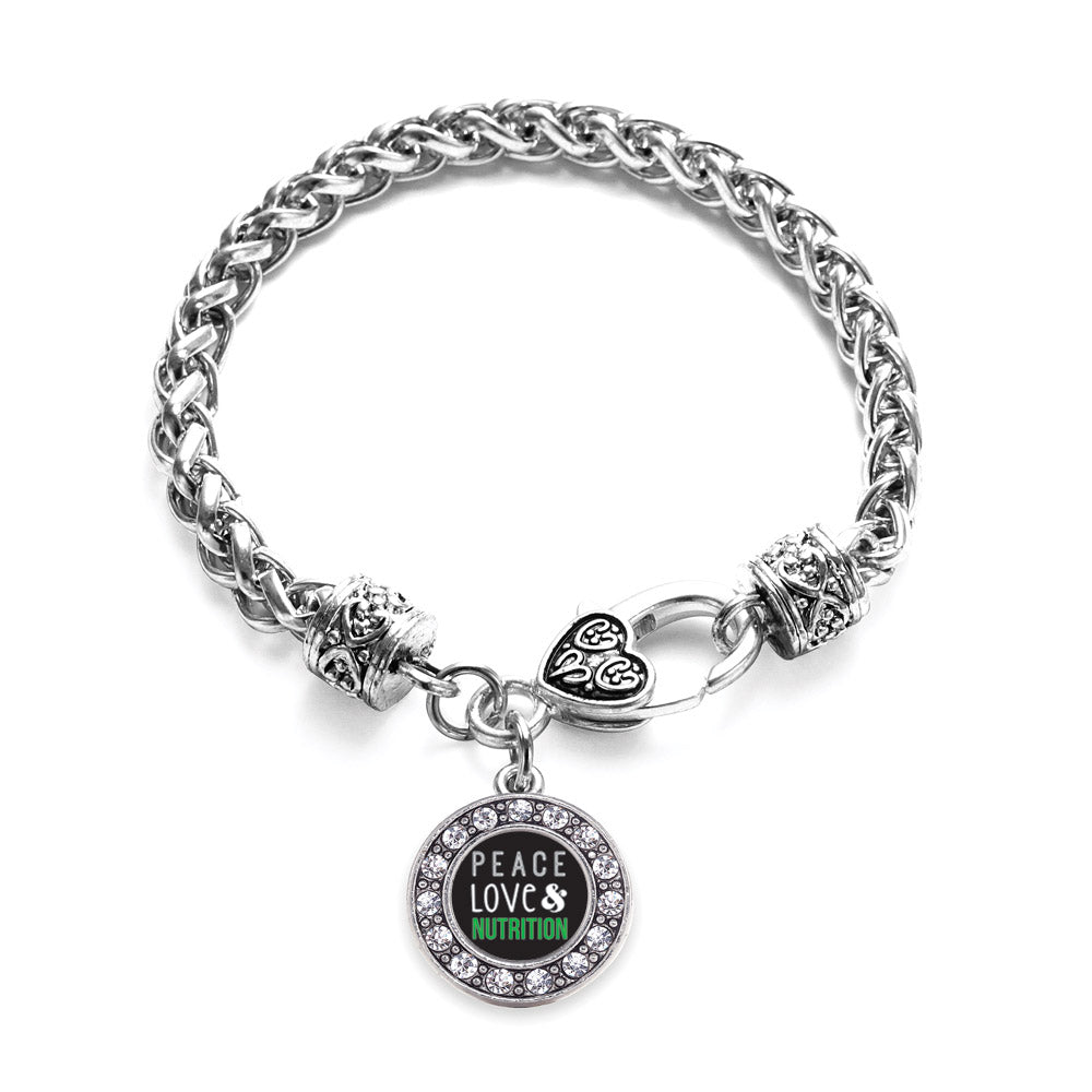 Silver Peace, Love, and Nutrition Circle Charm Braided Bracelet