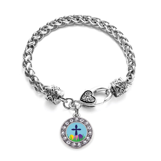 Silver Easter Cross & Eggs Circle Charm Braided Bracelet