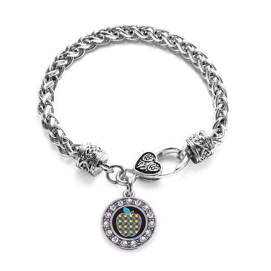 Silver Autism Apple Circle Charm Braided Bracelet