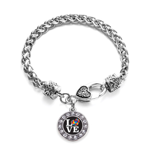 Silver Love Autism Awareness Circle Charm Braided Bracelet