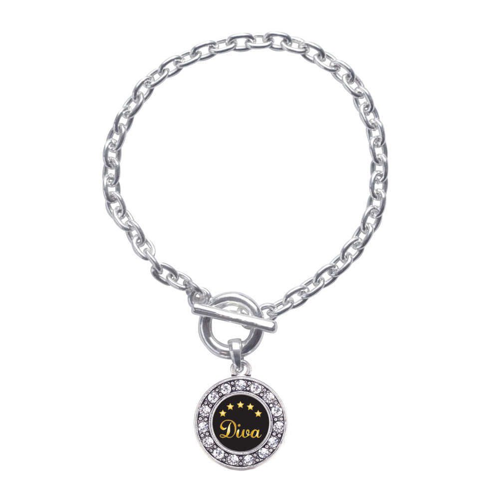 Silver Five Star Diva Circle Charm Toggle Bracelet