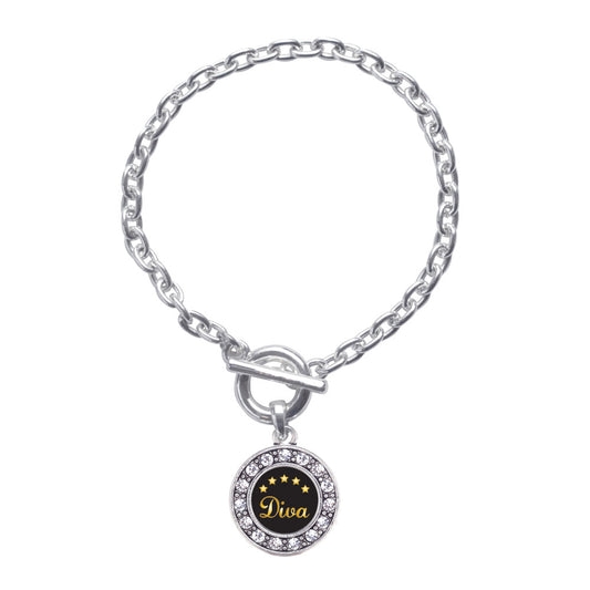 Silver Five Star Diva Circle Charm Toggle Bracelet