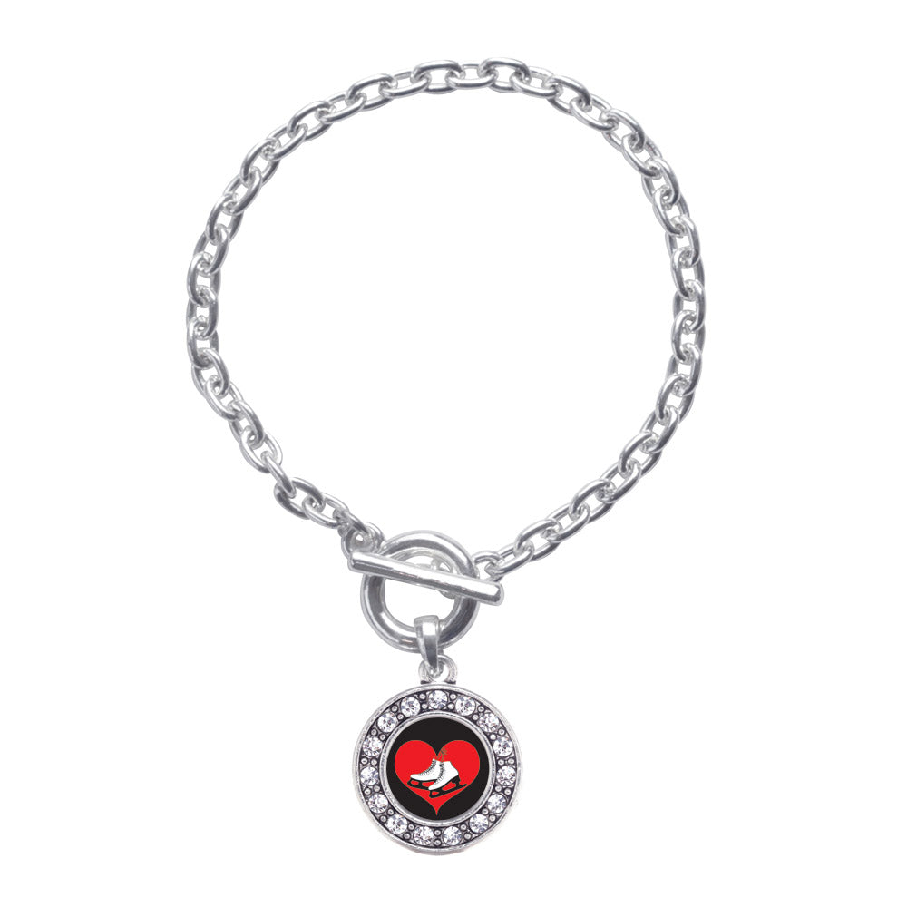 Silver I Heart Ice Skating Circle Charm Toggle Bracelet