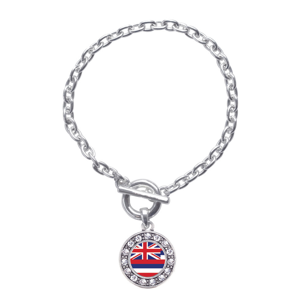 Silver Hawaii Flag Circle Charm Toggle Bracelet