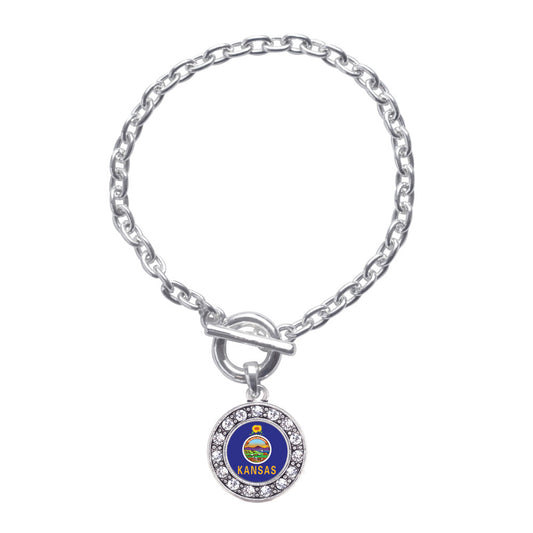 Silver Kansas Flag Circle Charm Toggle Bracelet