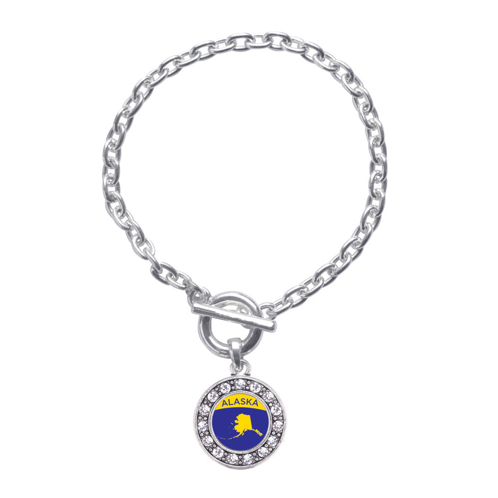 Silver Alaska Outline Circle Charm Toggle Bracelet