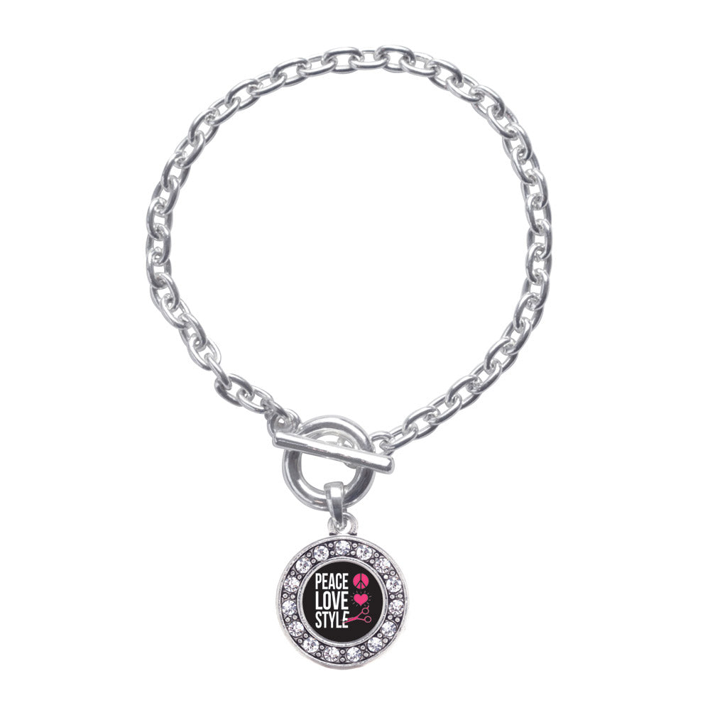 Silver Peace, Love, And Style Circle Charm Toggle Bracelet