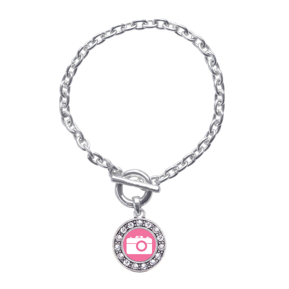 Silver Pink Camera Circle Charm Toggle Bracelet