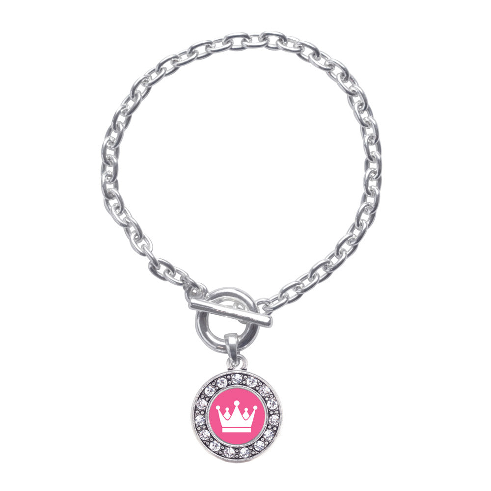 Silver Pink Princess Circle Charm Toggle Bracelet