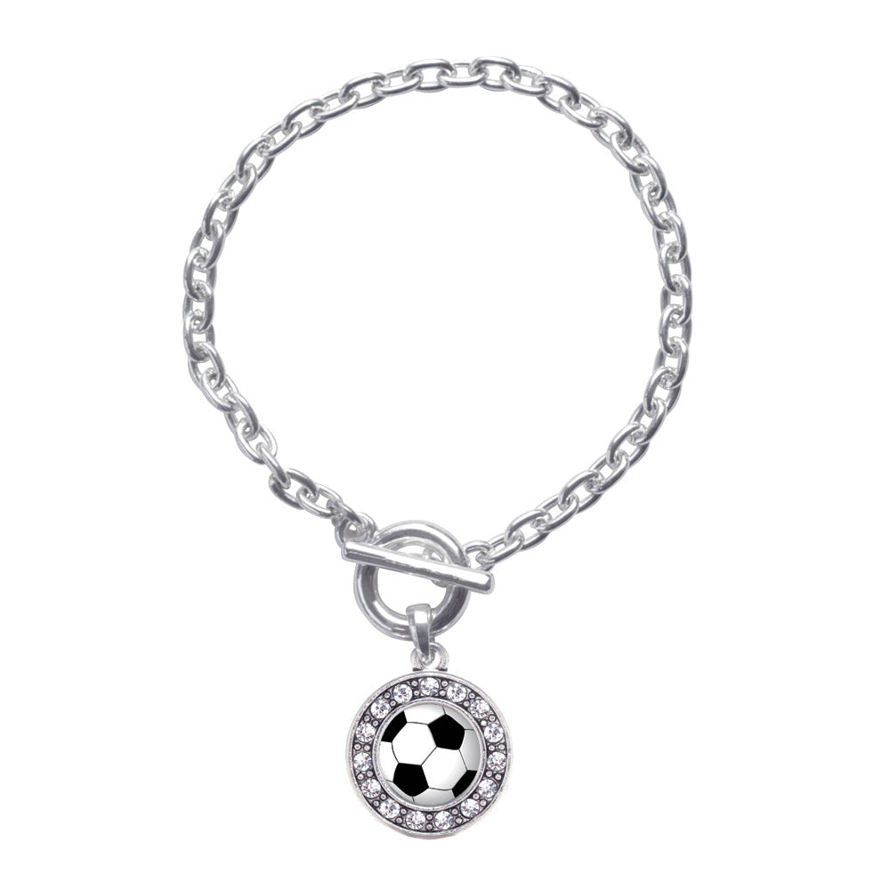 Silver Soccer Circle Charm Toggle Bracelet