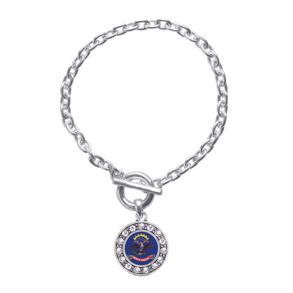 Silver North Dakota Flag Circle Charm Toggle Bracelet