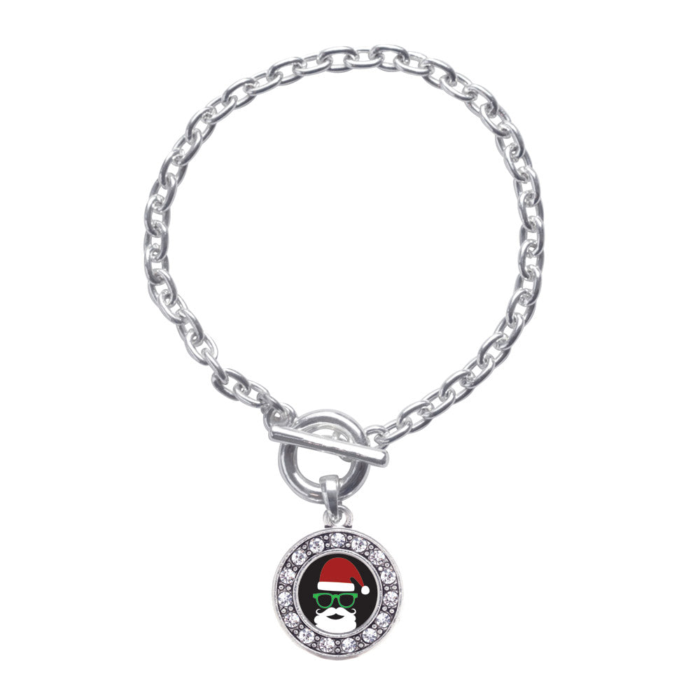 Silver Hipster Santa Circle Charm Toggle Bracelet