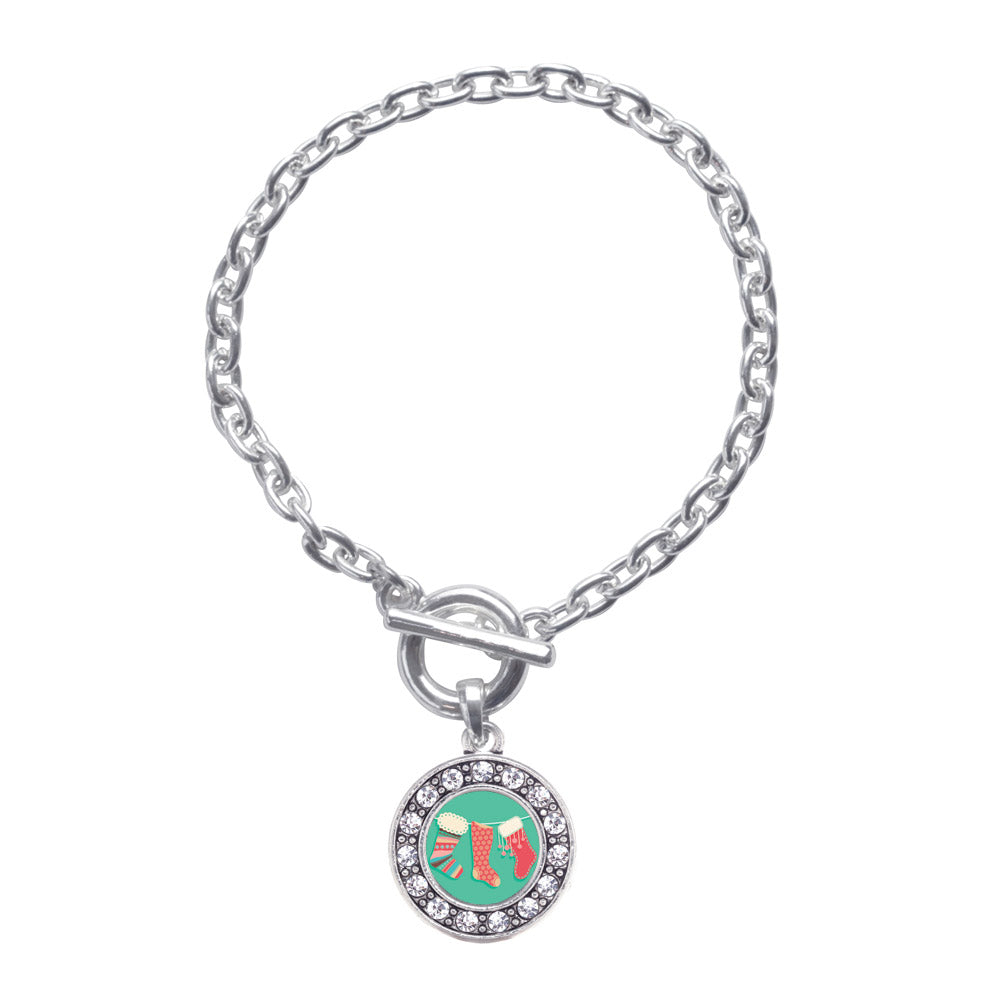 Silver Holiday Stockings Circle Charm Toggle Bracelet