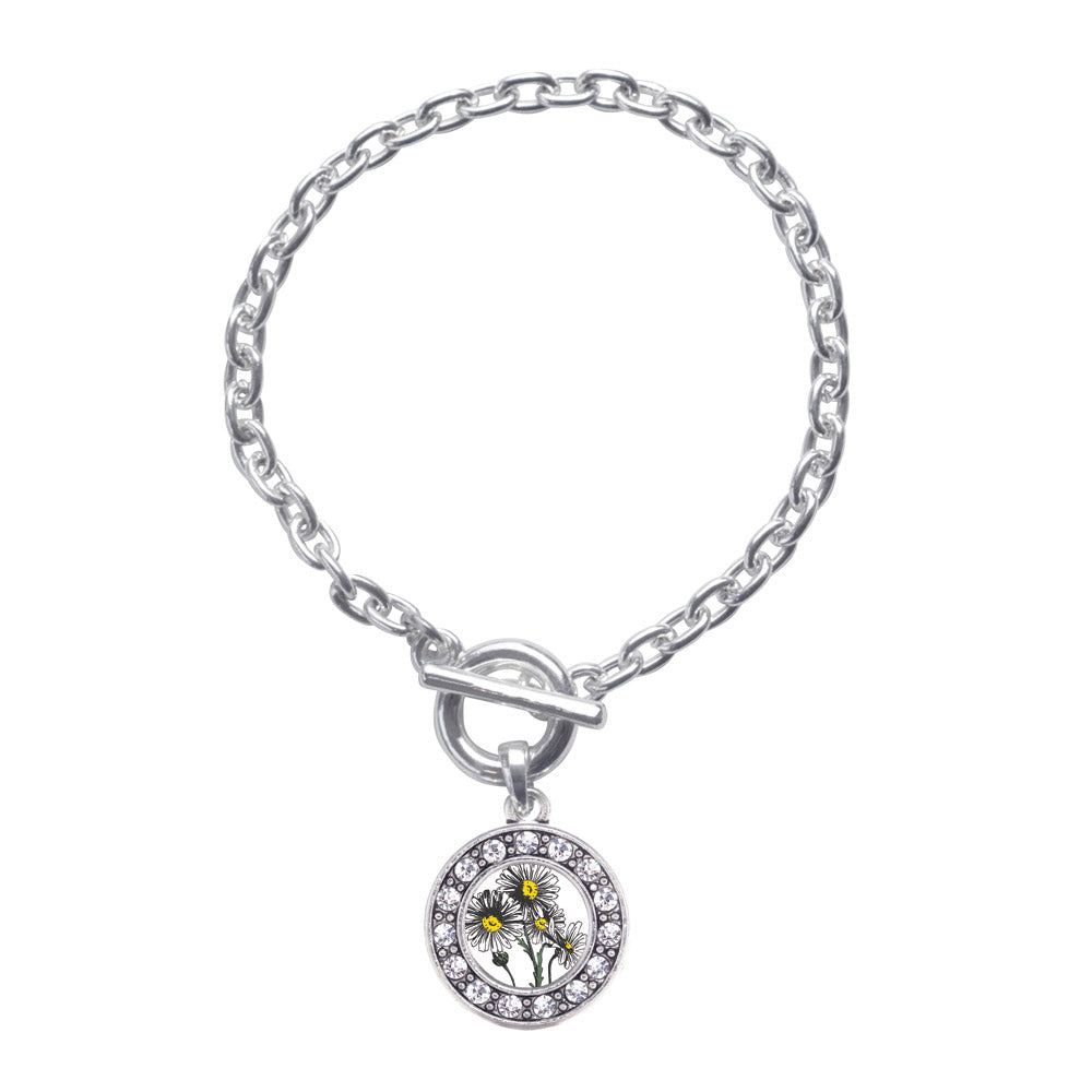 Silver Daisy Flower Circle Charm Toggle Bracelet