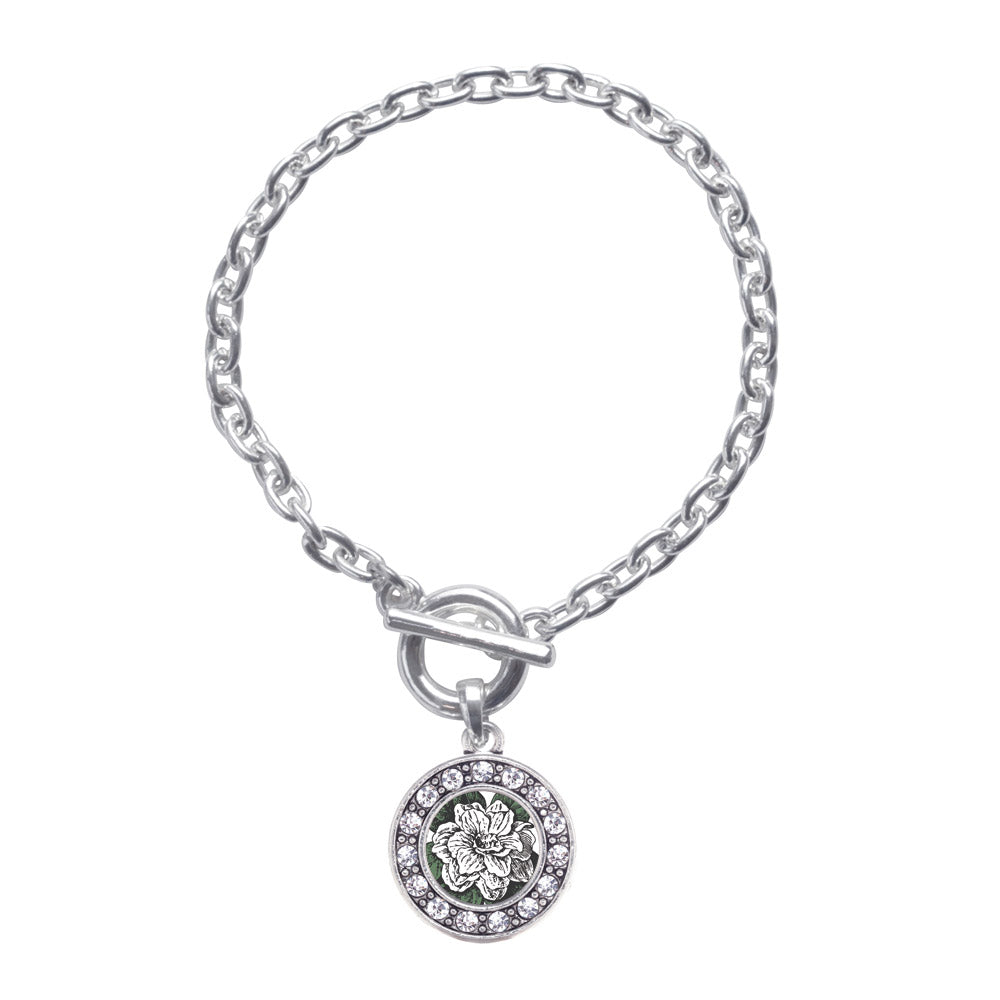 Silver Gardenia Flower Circle Charm Toggle Bracelet
