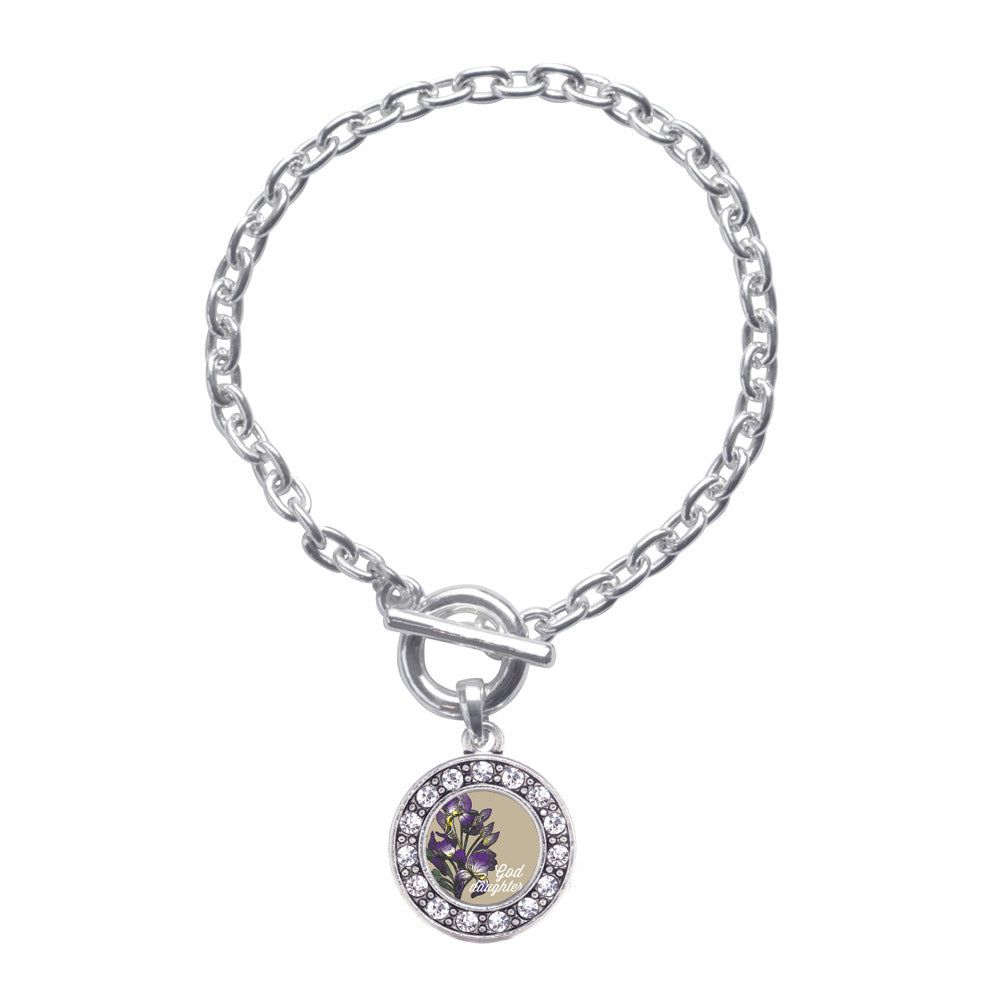 Silver God Daughter Iris Flower Circle Charm Toggle Bracelet