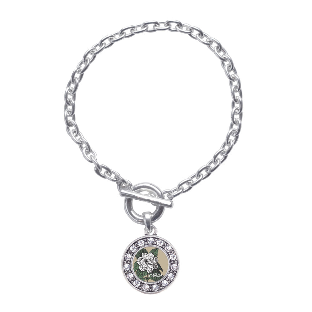Silver Nana Gardenia Flower Circle Charm Toggle Bracelet