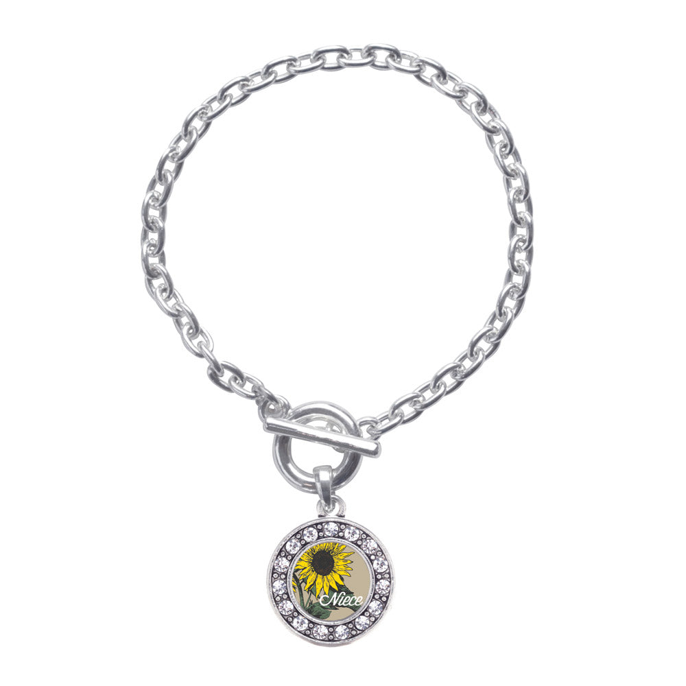 Silver Niece Sunflower Circle Charm Toggle Bracelet