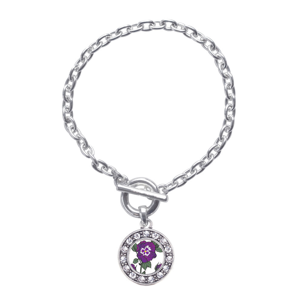 Silver Pansy Flower Circle Charm Toggle Bracelet
