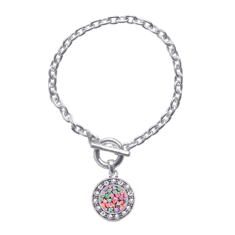 Silver Candy Hearts Circle Charm Toggle Bracelet
