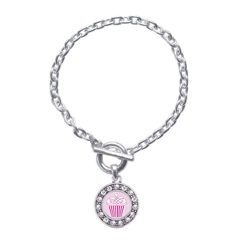 Silver Pink Chevron Cupcake Circle Charm Toggle Bracelet