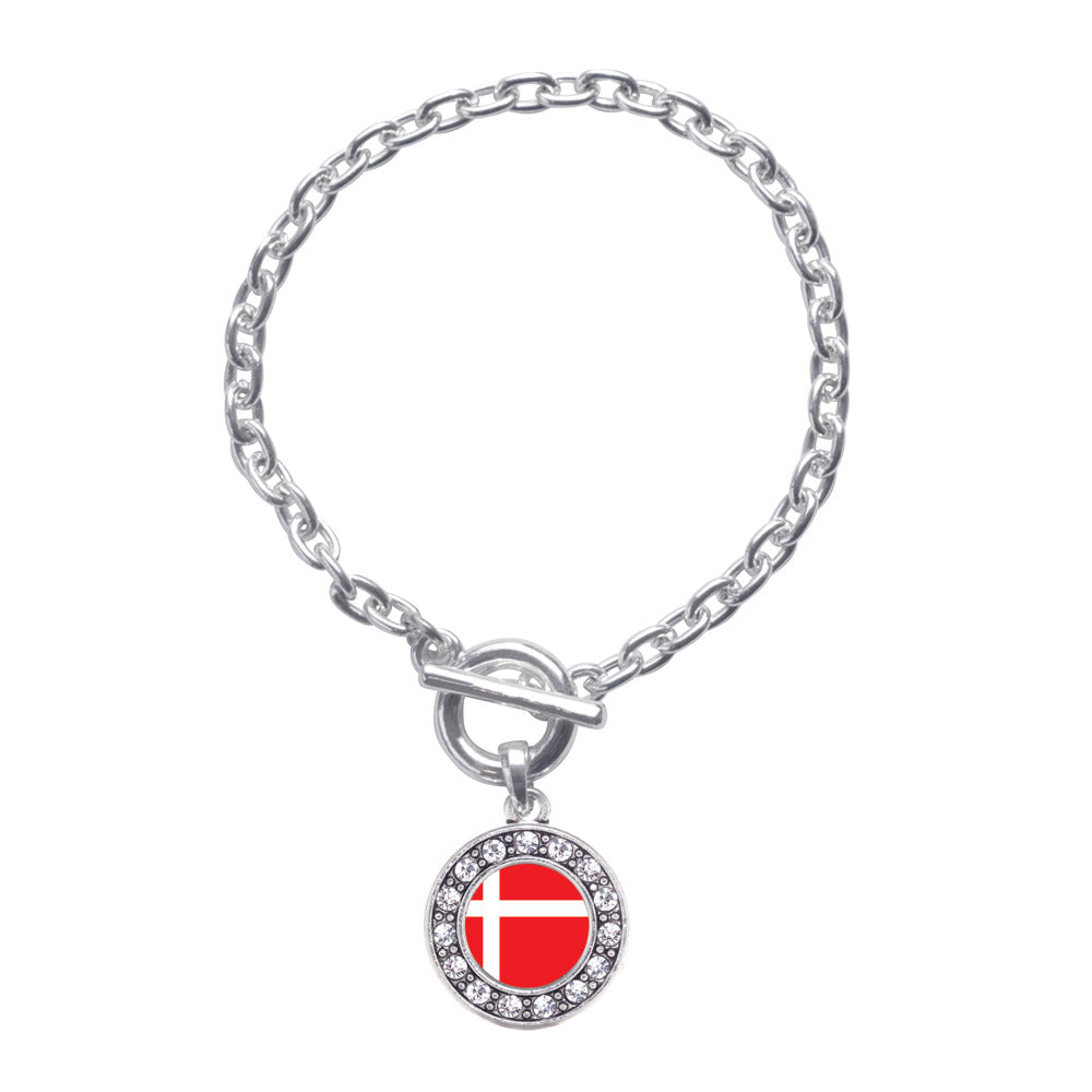 Silver Denmark Flag Circle Charm Toggle Bracelet