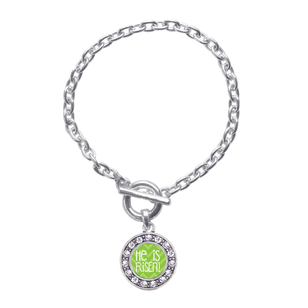 Silver He is Risen Green Chevron Patterned Circle Charm Toggle Bracelet