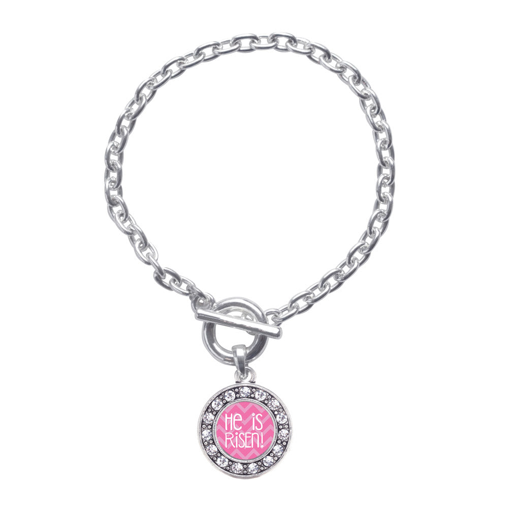 Silver He is Risen Pink Chevron Patterned Circle Charm Toggle Bracelet
