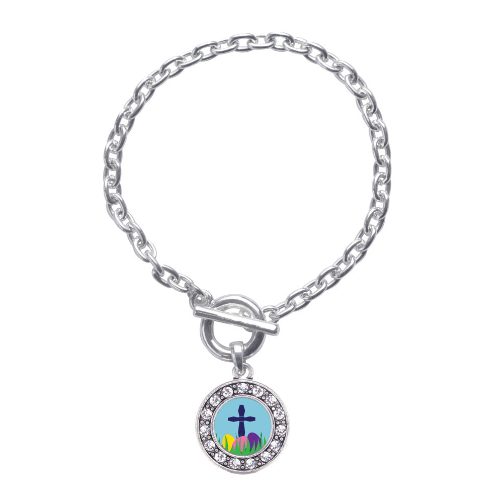 Silver Easter Cross & Eggs Circle Charm Toggle Bracelet
