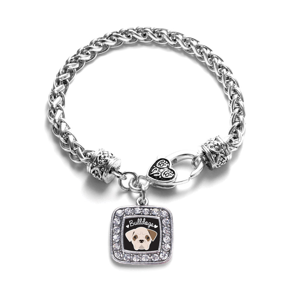 Silver Bulldog Lover Square Charm Braided Bracelet