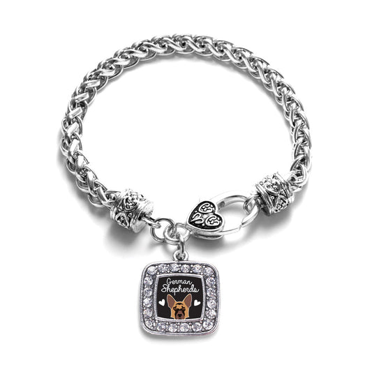 Silver German Shepherd Lover Square Charm Braided Bracelet