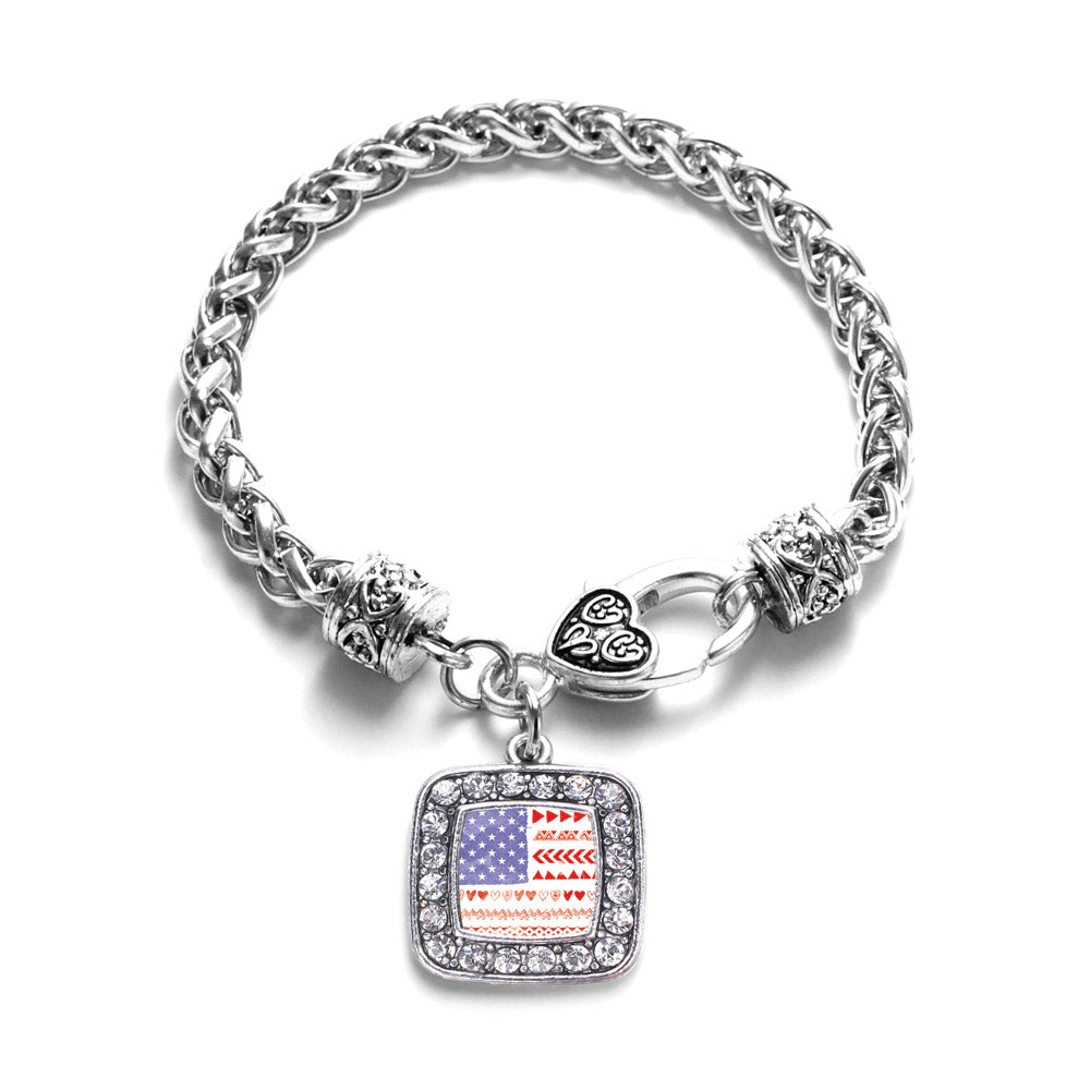 Silver Cute American Flag Square Charm Braided Bracelet