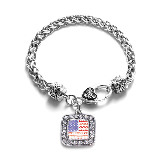 Silver Cute American Flag Square Charm Braided Bracelet