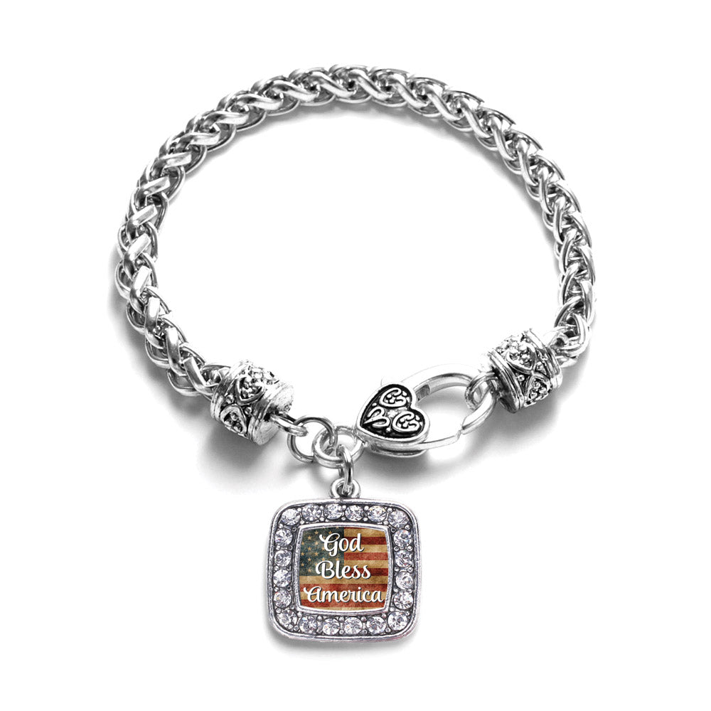 Silver God Bless America Square Charm Braided Bracelet