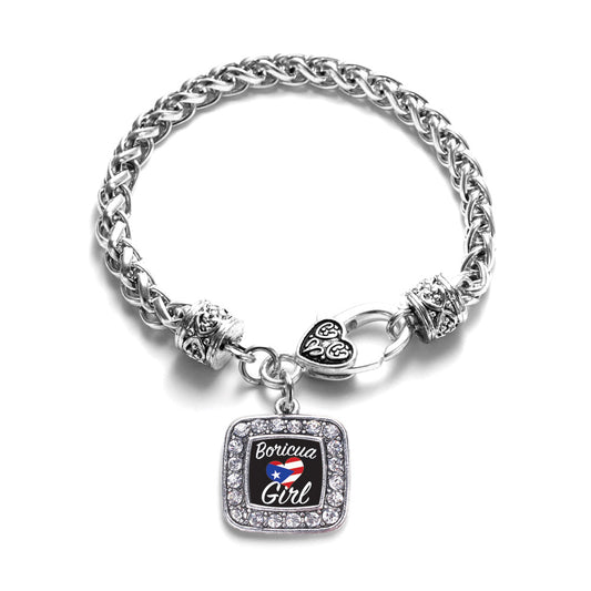 Silver Boricua Girl Square Charm Braided Bracelet