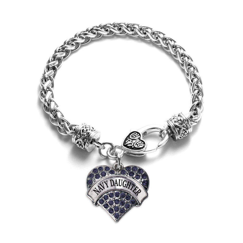 Silver Navy Daughter Blue Pave Heart Charm Braided Bracelet