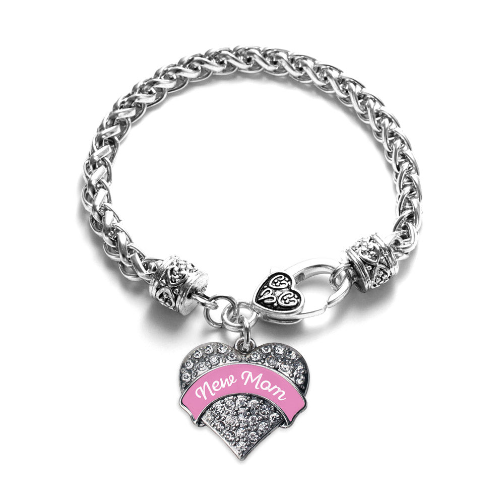 Silver Pink New Mom Pave Heart Charm Braided Bracelet
