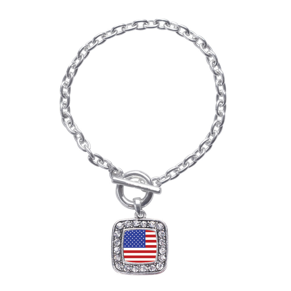 Silver American Flag Square Charm Toggle Bracelet