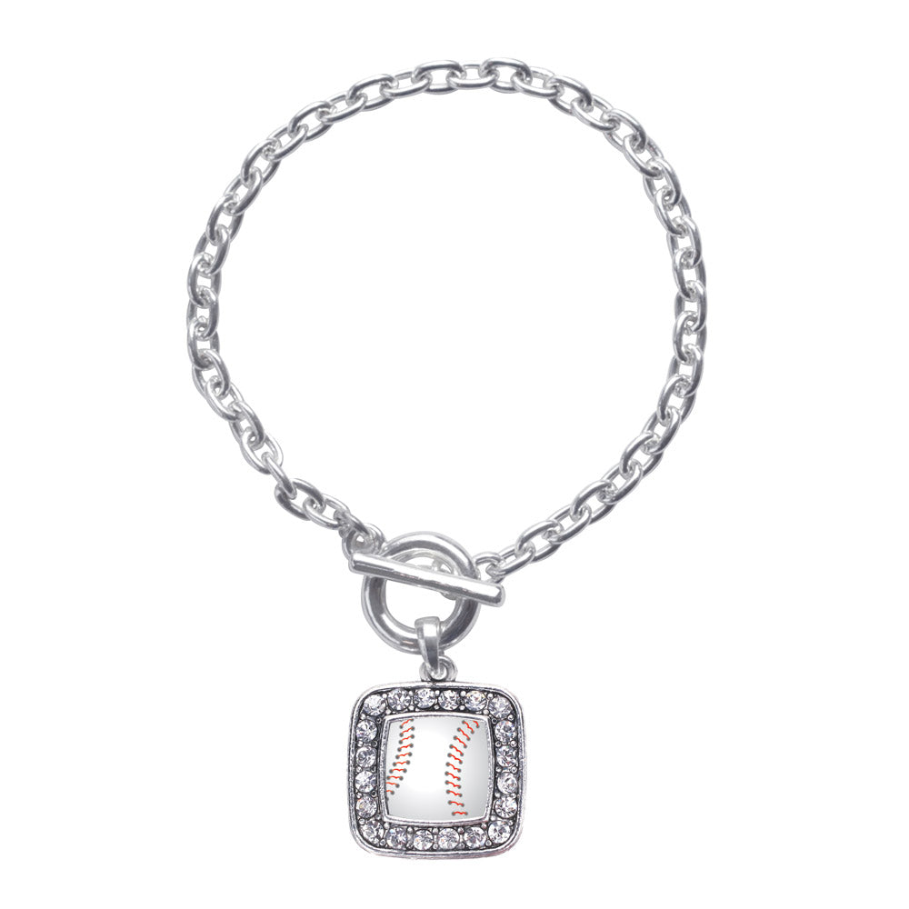 Silver Baseball Square Charm Toggle Bracelet