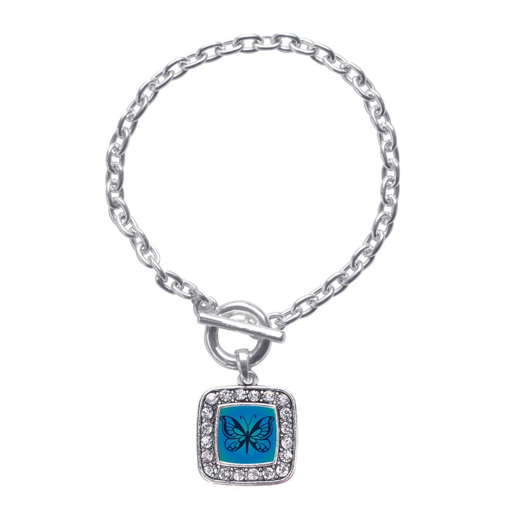 Silver Blue Butterfly Square Charm Toggle Bracelet