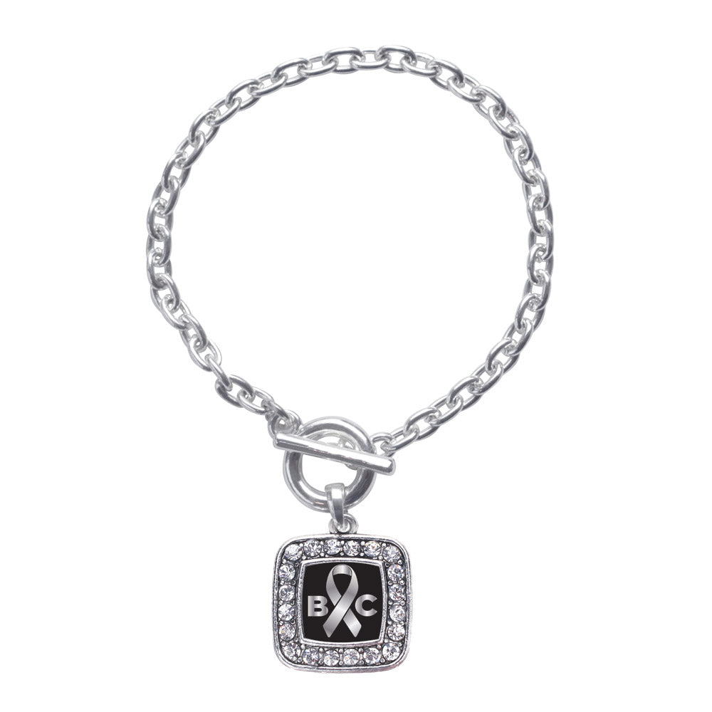 Silver Brain Cancer Awareness and Support Square Charm Toggle Bracelet