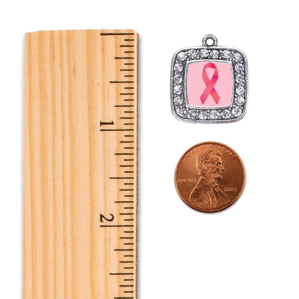 Silver Breast Cancer Square Charm Toggle Bracelet