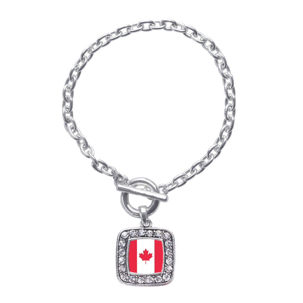 Silver Canadian Flag Square Charm Toggle Bracelet