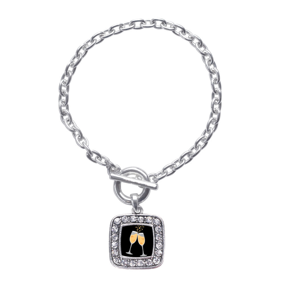 Silver Champagne Cheers Square Charm Toggle Bracelet