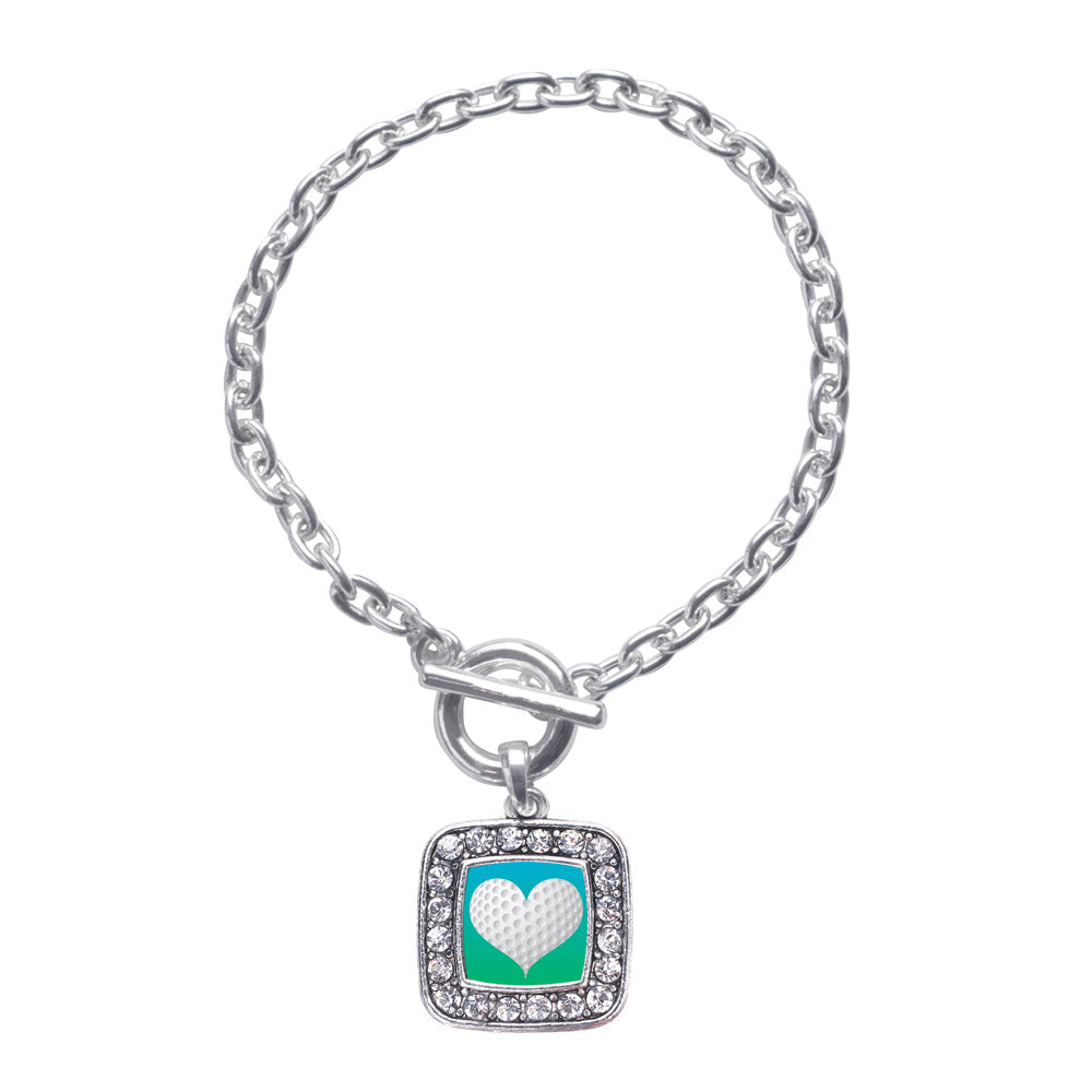 Silver Heart Of A Golfer Square Charm Toggle Bracelet